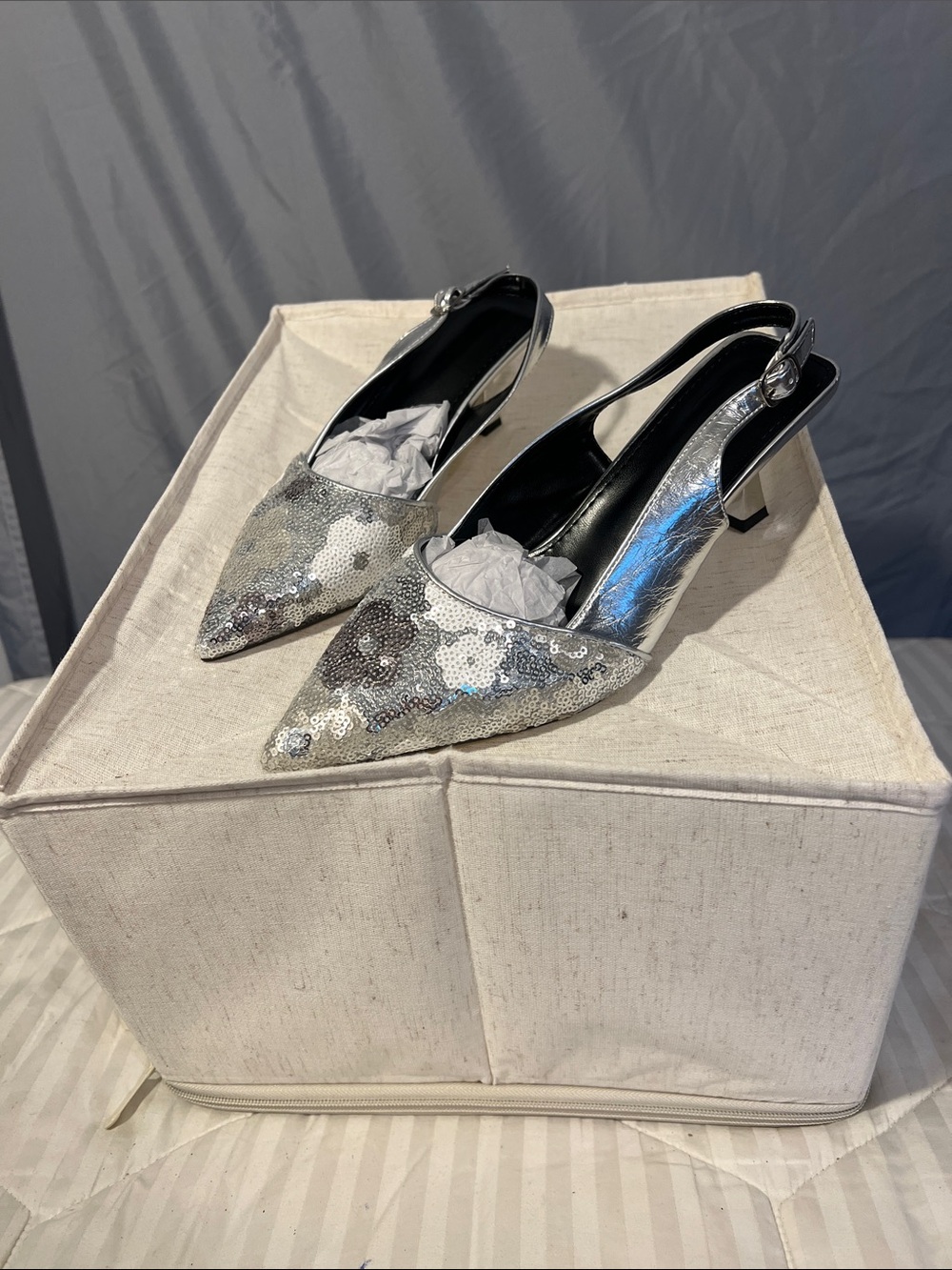 Silver Sequin Slingback Heels - Elegant Pointed Toe Women’s Pumps
